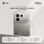 Promotional graphic showcasing the back of the Infinix Note 60 Pro smartphone in metallic gray. The image highlights a large camera island featuring a 50MP OIS primary lens, an 8MP 112-degree ultra-wide camera, and an innovative rear matrix LED display showing a clock and a heart icon. Text layout emphasizes nighttime photography performance.