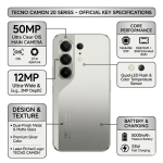 TECNO CAMON 50 Ultra 5G smartphone in Nebula Titanium featuring 8GB RAM, 256GB storage, advanced AI camera system, premium design, and ultra-fast 5G connectivity.
