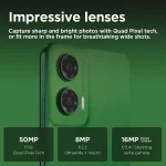 Motorola Moto G35 5G Dual SIM smartphone in Leaf Green color featuring a 6.7-inch Full HD+ display, 8GB RAM, 128GB storage, dual rear cameras, and premium vegan leather finish. Middle East Version.