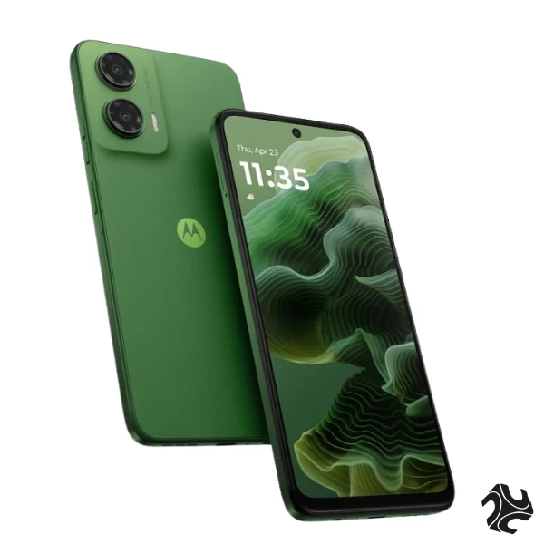 Motorola Moto G35 5G Dual SIM smartphone in Leaf Green color featuring a 6.7-inch Full HD+ display, 8GB RAM, 128GB storage, dual rear cameras, and premium vegan leather finish. Middle East Version.