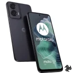 Primary (Descriptive): "Motorola Moto G35 5G smartphone in Midnight Black finish, showing a sleek profile, triple-camera layout, and vibrant 6.72-inch display."